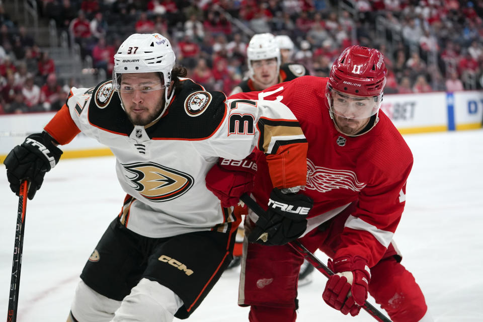 Anaheim Ducks center Mason McTavish (37) and Detroit Red Wings right wing Filip Zadina (11) battle for position in the second period of an NHL hockey game Sunday, Oct. 23, 2022, in Detroit. (AP Photo/Paul Sancya)
