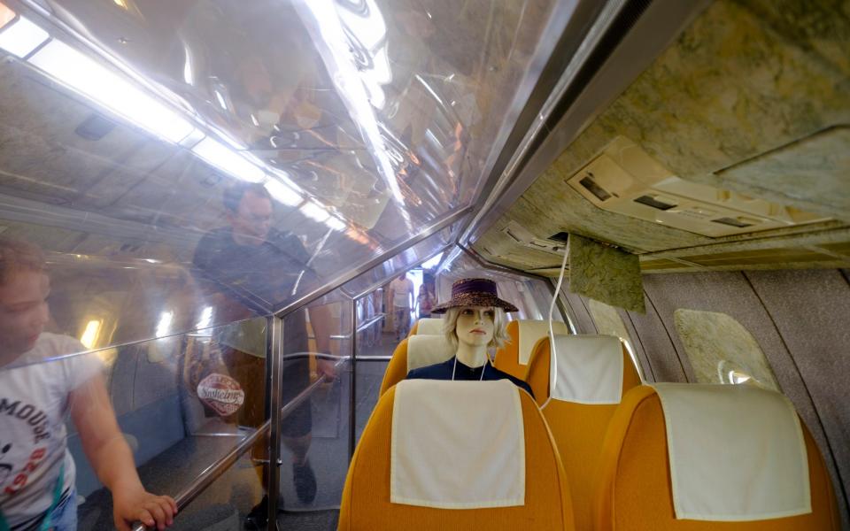 The aircraft cabin of the Soviet supersonic passenger airliner designed by Aleksey Tupolev Tupolev