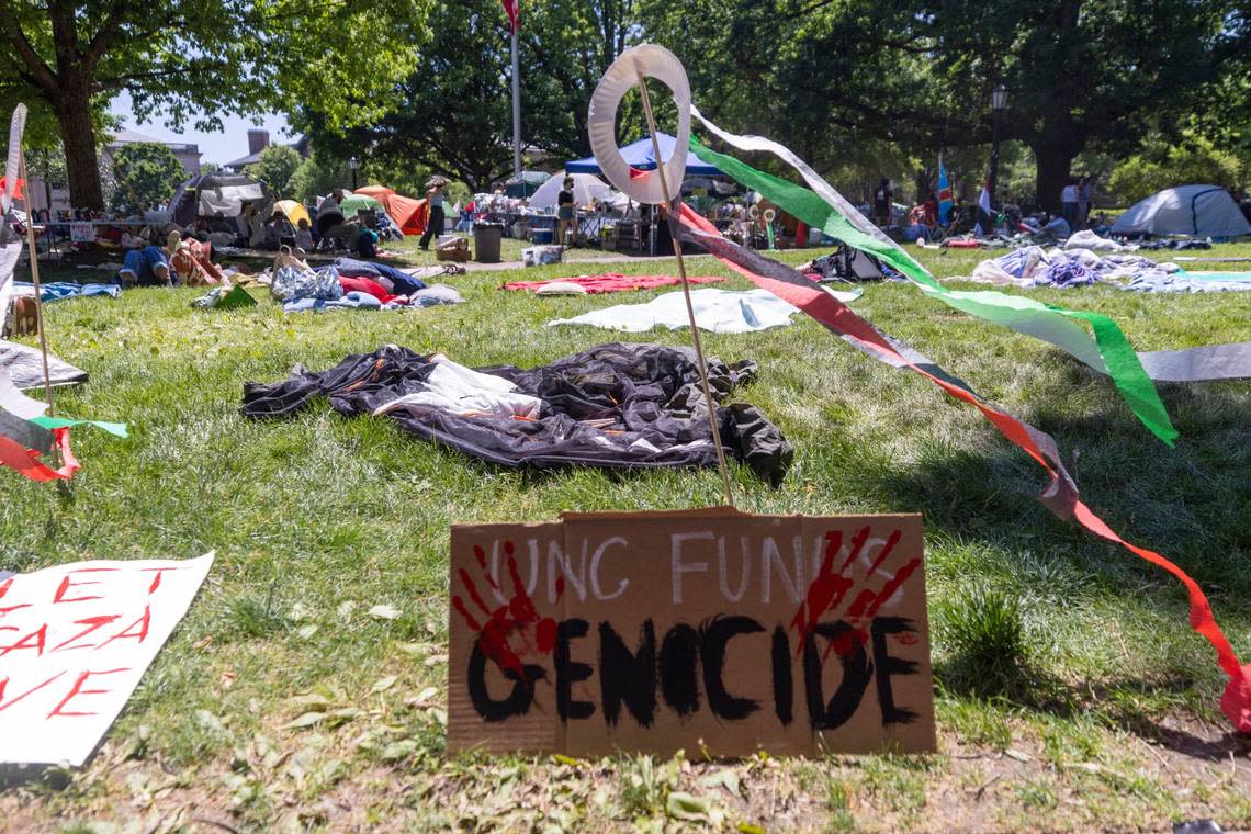 Demonstrators occupy an encampment during a pro-Palestinian protest at UNC-Chapel Hill on Monday, April 29, 2024.
