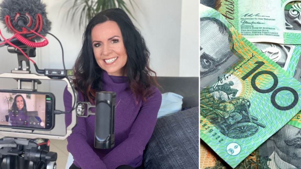 Compilation image of Nicole and her money quiz with a pile of $100 notes.