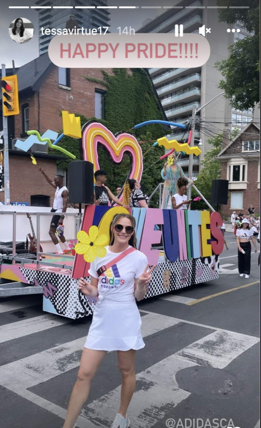 Tessa Virtue rocked a white Adidas t-shirt and matching skirt at the Toronto Pride Parade. (Photo via Instagram/tessavirtue17)