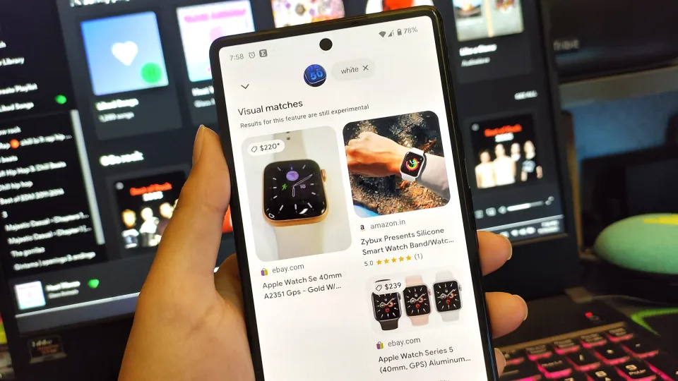  Google Lens image search combined with text search on the Google Search app on a Pixel 6 phone held in hand. 