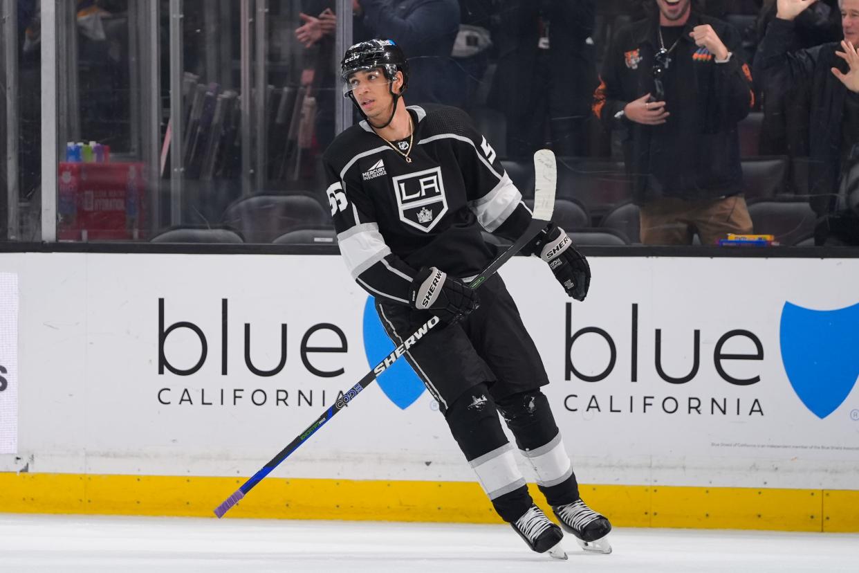 Los Angeles Kings right wing Quinton Byfield skates after scoring against the Columbus Blue Jackets during the first period of an NHL hockey game Tuesday, Feb. 20, 2024, in Los Angeles. (AP Photo/Ryan Sun)