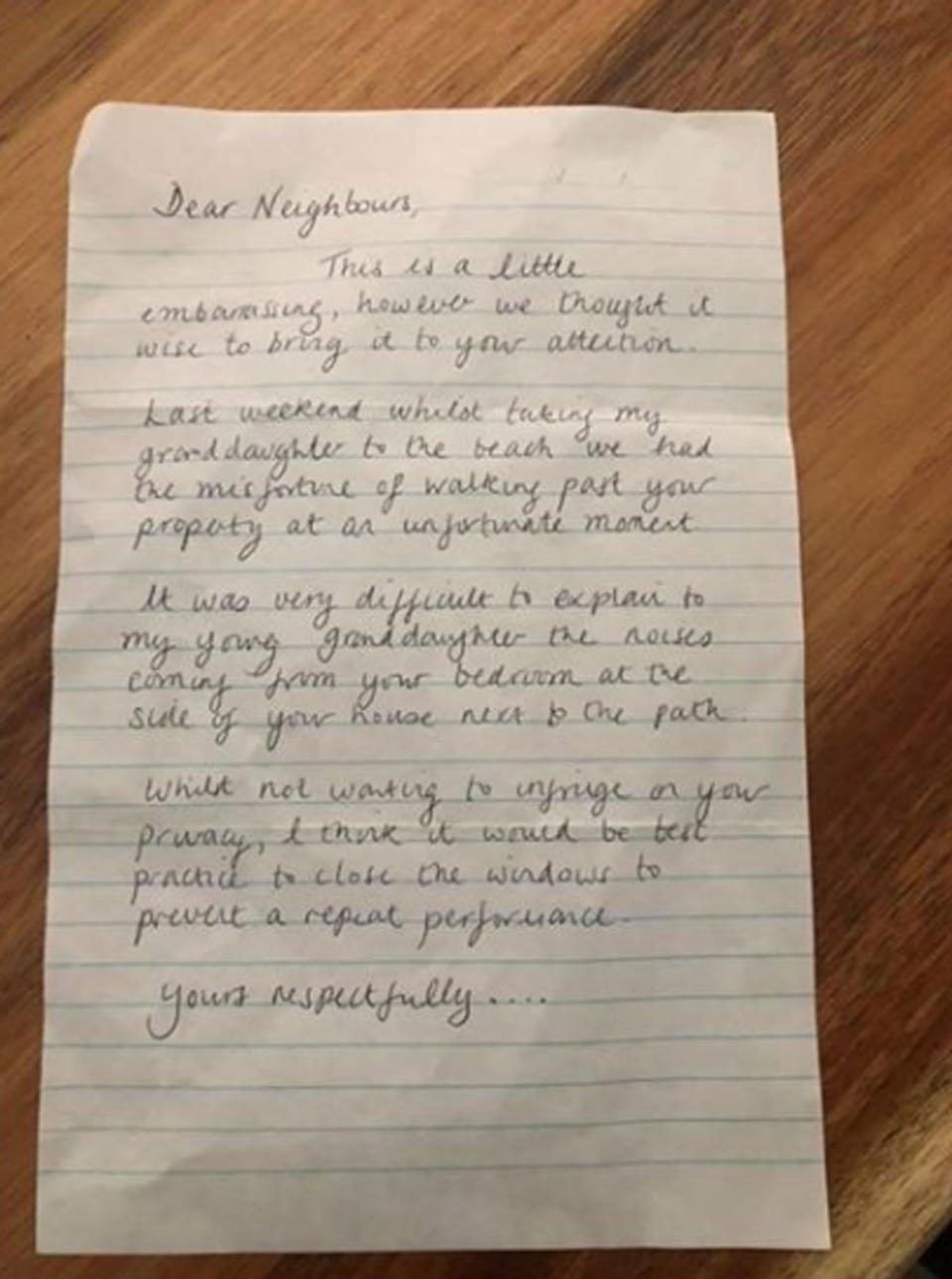 A Queensland homeowner has been left shocked after receiving a letter from a neighbour. Photo: Facebook