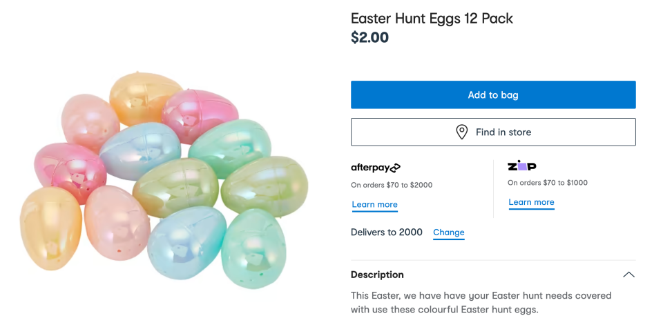 Kmart's pack of 12 Easter hunt eggs, $2, on their website. 