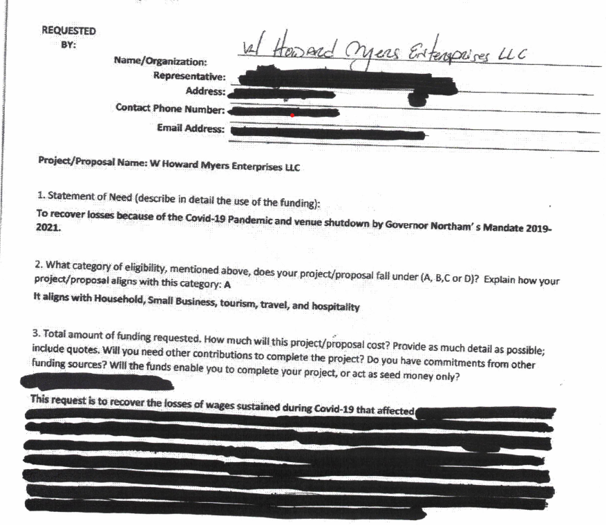 The first page of Howard Myer's ARPA application which nearly everything was redacted.