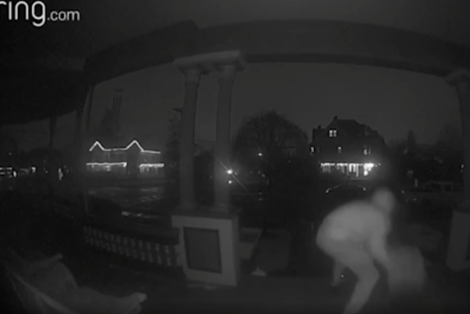 Porch pirates steal packages from a Hackettstown home in this screenshot of home security camera footage.