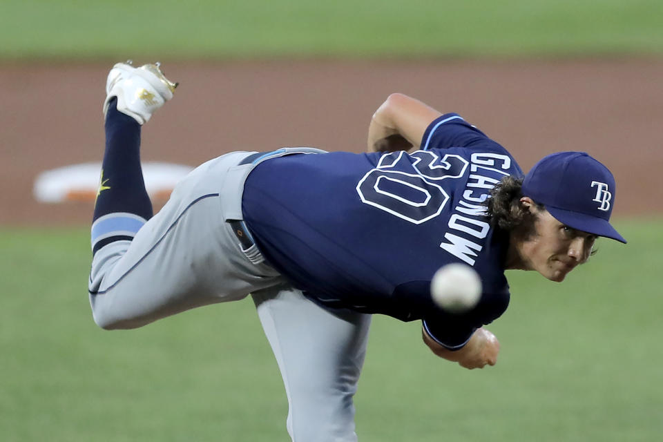 Tampa Bay Rays starting pitcher Tyler Glasnow throws a pitch to the Baltimore Orioles during the first inning of a baseball game, Saturday, Aug. 1, 2020, in Baltimore. (AP Photo/Julio Cortez)