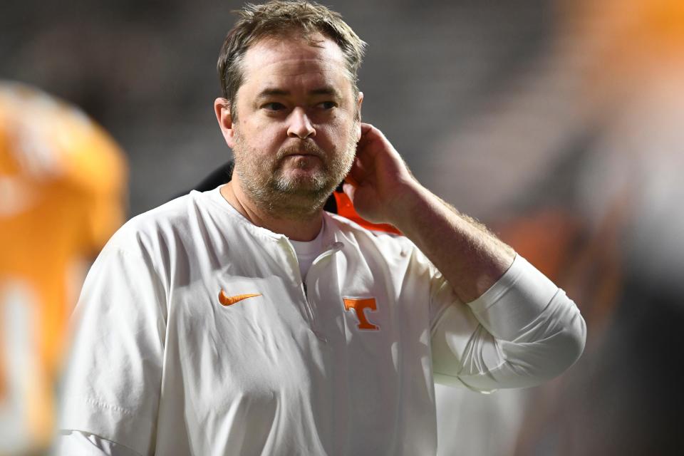 Tennessee head coach Josh Heupel walks off the field after the loss to Georgia in an NCAA college football game on Saturday, November 18, 2023 in Knoxville, Tenn.