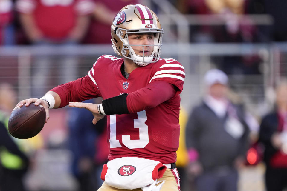 SANTA CLARA, CALIFORNIA - JANUARY 22: Brock Purdy #13 of the San Francisco 49ers throws a pass against the Dallas Cowboys during the first quarter in the NFC Divisional Playoff game at Levi's Stadium on January 22, 2023 in Santa Clara, California. (Photo by Thearon W. Henderson/Getty Images)