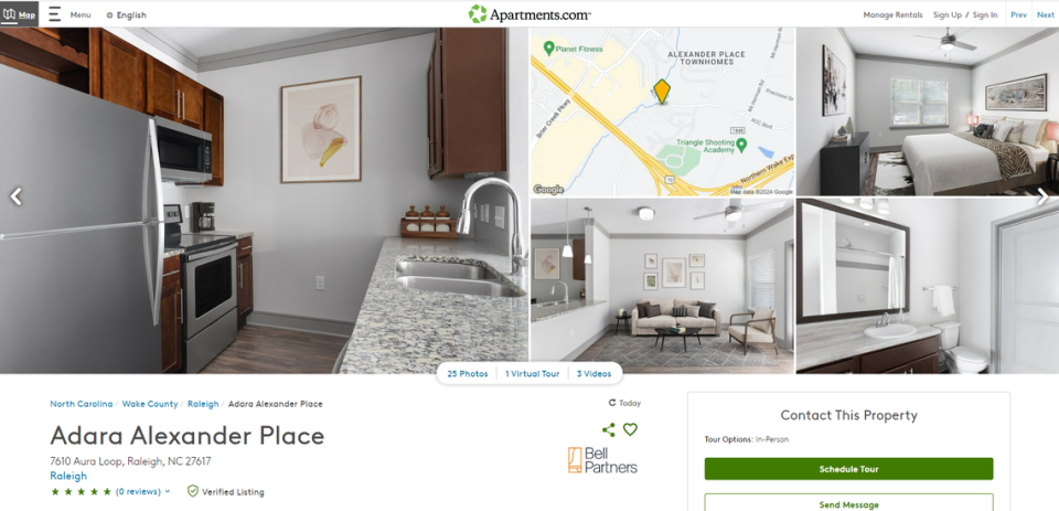 A listing for Raleigh’s Adara Alexander Place on Apartments.com from April 25, 2024.