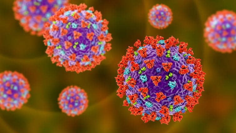 <span class="caption">A coronavirus with its telltale spike proteins jutting out from the surface.</span> <span class="attribution"><a class="link " href="https://www.shutterstock.com/image-illustration/sarscov2-coronavirus-that-causes-covid19-3d-1695532906" rel="nofollow noopener" target="_blank" data-ylk="slk:Kateryna Kon/Shutterstock;elm:context_link;itc:0;sec:content-canvas">Kateryna Kon/Shutterstock</a></span>