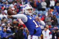 Buffalo Bills quarterback Josh Allen winds up to pass prior to an NFL football game against the Minnesota Vikings, Sunday, Nov. 13, 2022, in Orchard Park, N.Y. (AP Photo/Jeffrey T. Barnes)