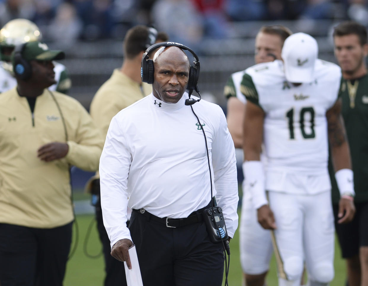 South Florida head coach Charlie Strong works the sidelines in the game against Connecticut on Saturday, Nov. 4, 2017, in East Hartford, Conn. (AP Photo/Stephen Dunn)