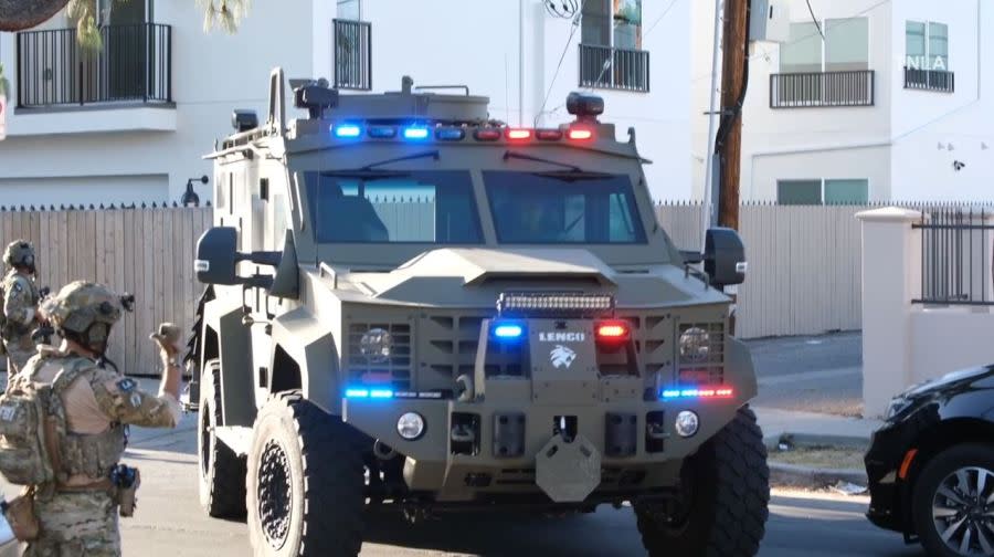 A Lenco BearCat armored vehicle is seen outside a Canoga Park townhome on May 7, 2024. (TNLA)