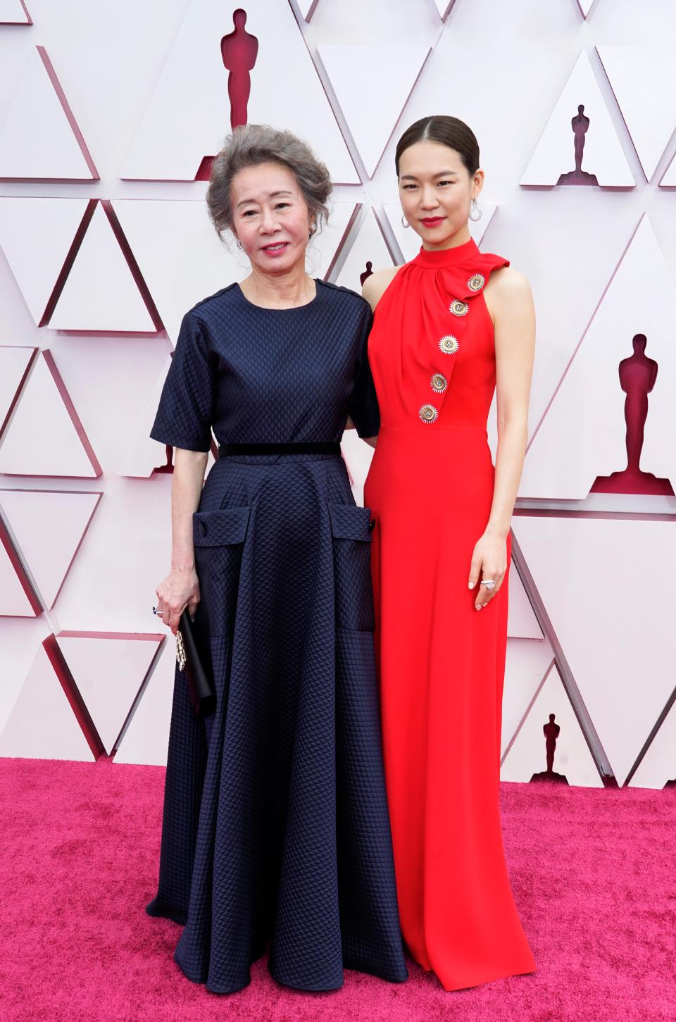 Yuh-jung Youn wearing Marmar Halim and Han Ye-ri in Louis Vuitton on the Oscars red carpetGetty