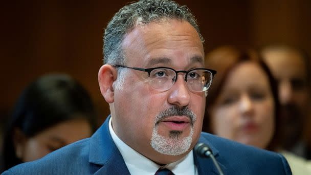 PHOTO: Secretary of Education Miguel Cardona testifies during a Senate Appropriations Subcommittee hearing on the requested 2024 budget for the Department of Education, at the Capitol, in Washington, D.C., May 11, 2023. (Graeme Sloan/Sipa USA via AP)