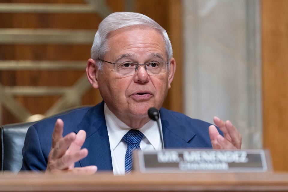 FILE - Sen. Bob Menendez, D-N.J., chair of the Senate Foreign Relations Committee speaks during Senate Foreign Relations Committee hearing on Capitol Hill, March 22, 2023, in Washington. Menendez and his wife have been indicted on charges of bribery. Federal prosecutors on Friday announced the charges against the 69-year-old Democrat nearly six years after an earlier criminal case against him ended with a deadlocked jury. (AP Photo/Jose Luis Magana, File) ORG XMIT: WX105