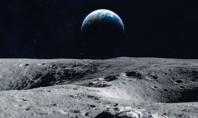 An artist’s depiction of the lunar surface, with Earth in the distance. - Illustration: Dima Zel (Shutterstock)