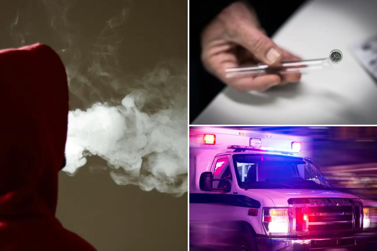collage of man smoking, drug pipe, and ambulance