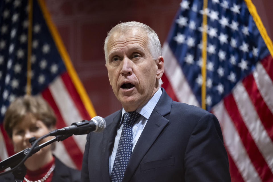 Senator Thom Tillis, co-chair of the Senate NATO Observer Group speaks, during a press conference, in Budapest, Sunday, Feb. 18, 2024. Two U.S. senators will submit a bipartisan resolution to Congress condemning democratic backsliding in Hungary and urging its nationalist government to lift its block on Sweden's accession into the NATO military alliance. The resolution, authored by U.S. Sens. Jeanne Shaheen, a New Hampshire Democrat, and Thom Tillis, a North Carolina Republican, comes as Hungary's government is under increasing pressure to ratify Sweden's bid to join NATO, something it has delayed for more than 18 months. (AP Photo/Denes Erdos)