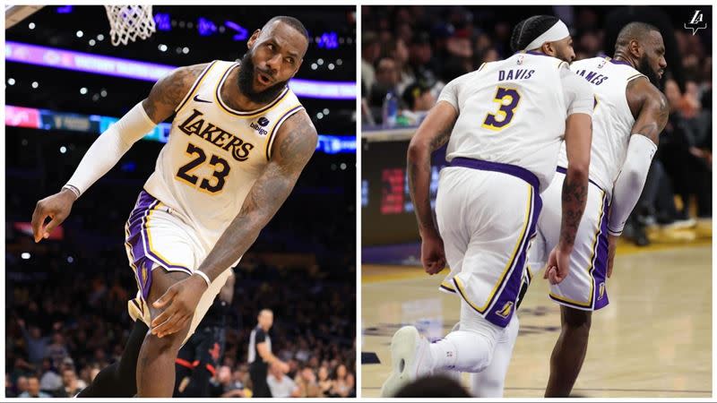 詹姆斯（LeBron James）、戴維斯（Anthony Davis）合力飆分。（組合圖／翻攝自湖人隊官方X）