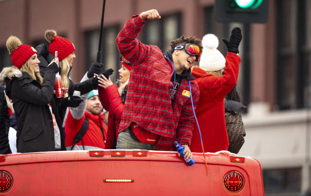 Patrick Mahomes, Travis Kelce Celebrate at Chiefs Super Bowl Parade