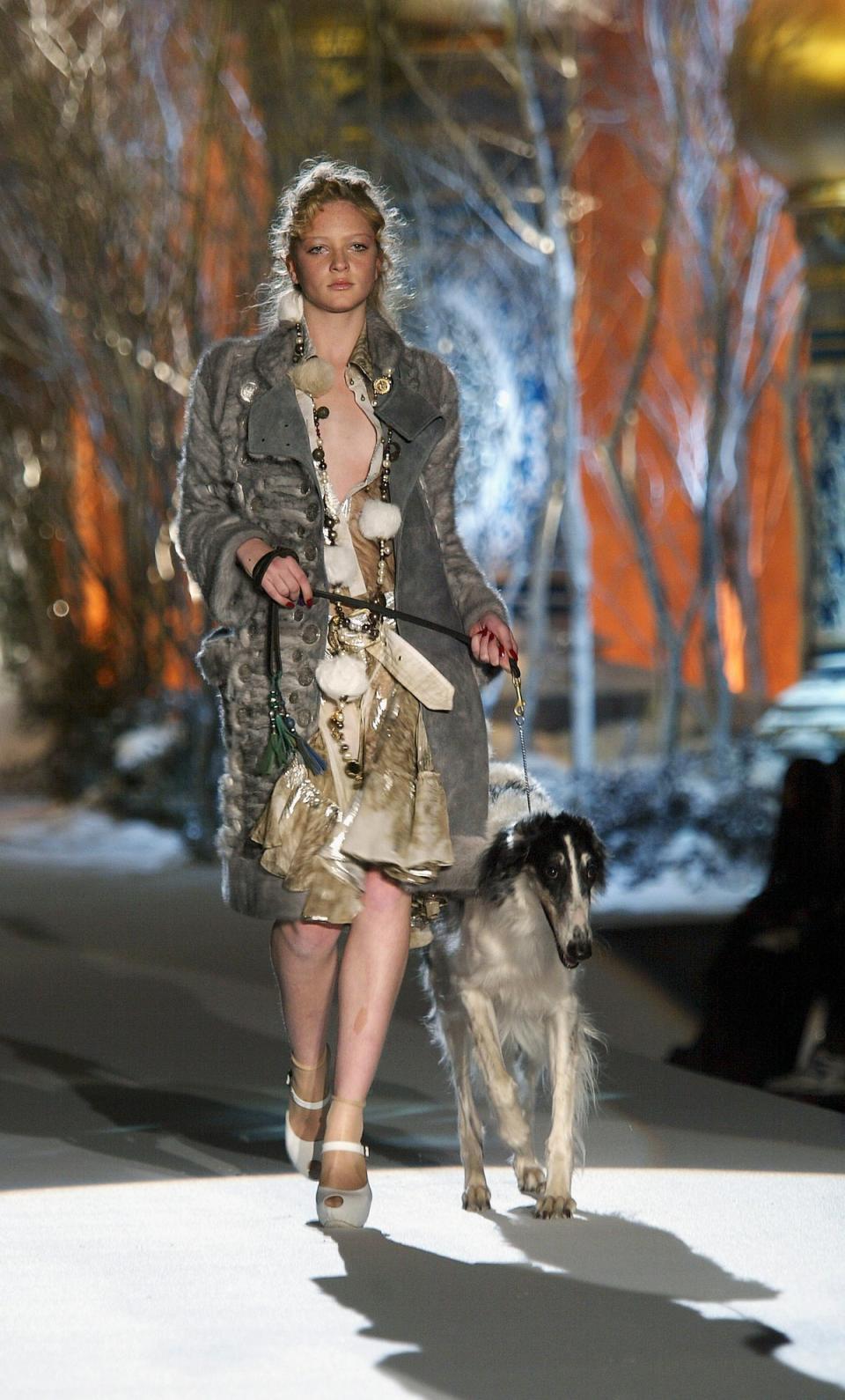 A model walks down the runway at the Just Cavalli fashion show as part of Milan Fashion Week on February 21, 2005 (Getty Images)