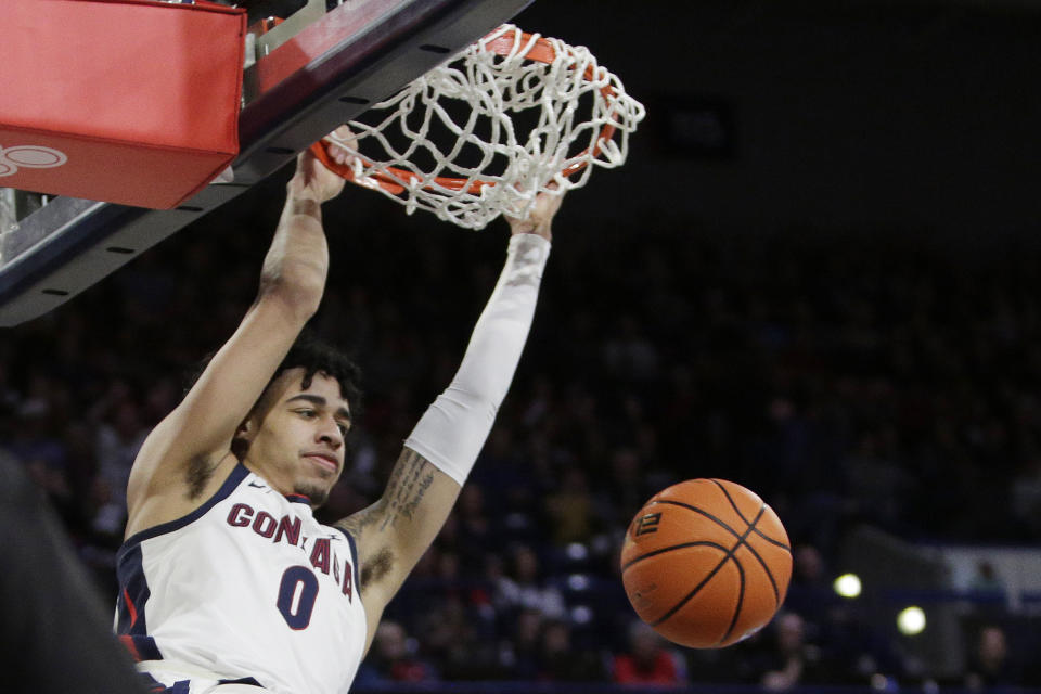 Gonzaga guard Julian Strawther dunks during the second half of an NCAA college basketball game against Chicago State, Wednesday, March 1, 2023, in Spokane, Wash. Gonzaga won 104-65. (AP Photo/Young Kwak)