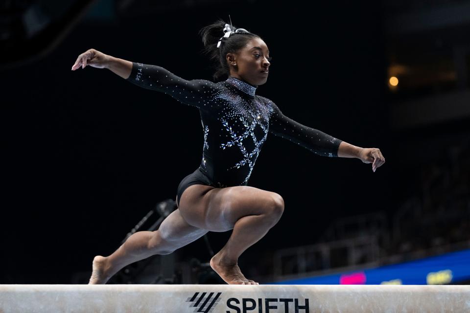 Simone Biles performs on the balance beam during the 2023 U.S. Gymnastics Championships at SAP Center.