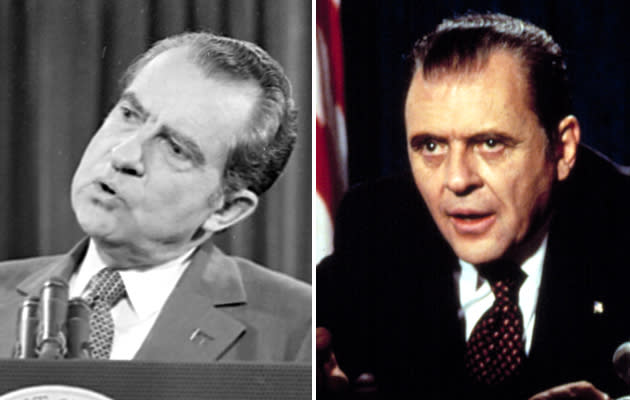 <b>Nixon (1995) </b><br><br> Anthony Hopkins is a magnificent actor who played a great Richard Nixon in 1995’s ‘Nixon’, but he doesn’t look a thing like the man. It’s jarring to see the pointed-chinned Hopkins playing the droopy-faced President. The only vague attempt to make them look similar was Hopkins’ haircut. See also: Frank Langella in ‘Frost/Nixon’.