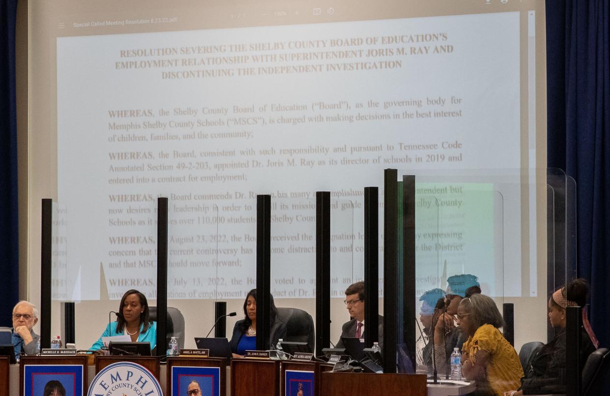 Memphis-Shelby County Schools Board Chair Michelle McKissack reads aloud a resolution concerning Superintendent Joris Ray’s resignation during a Memphis-Shelby County Schools board special called meeting Tuesday, Aug. 23, 2022, in Memphis. The board accepted the resignation 8-0. Ray was under investigation concerning "allegations of impropriety.”