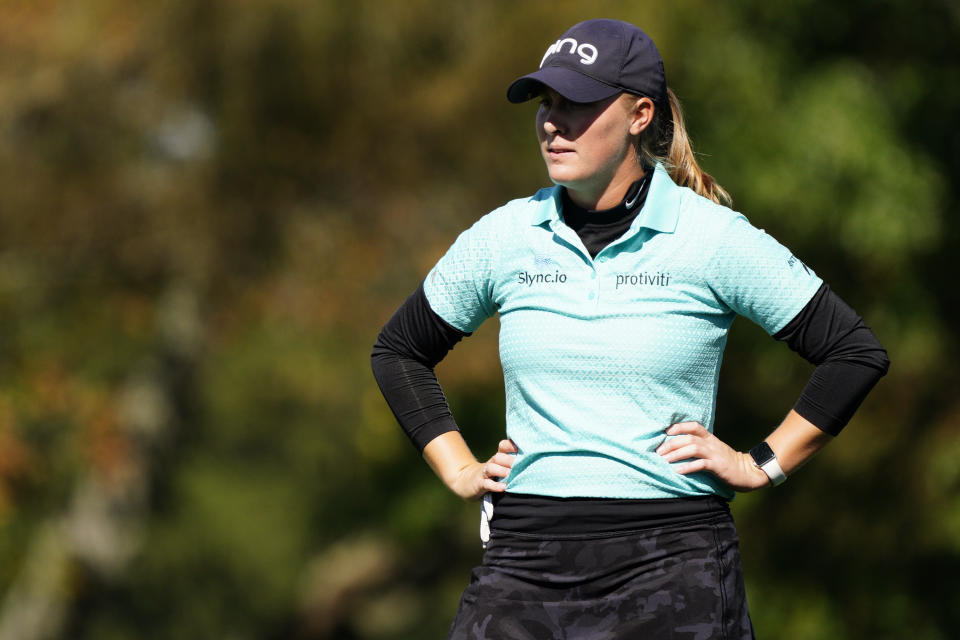 Jennifer Kupcho hits waits on the seventh hole during the second round of the KPMG Women's PGA Championship golf tournament at the Aronimink Golf Club, Friday, Oct. 9, 2020, in Newtown Square, Pa. (AP Photo/Chris Szagola)