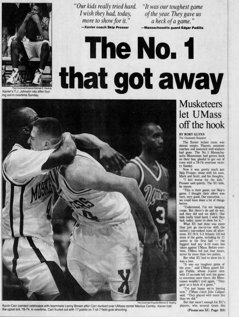 Xavier lost a late lead before falling in overtime to No. 1 UMass, coached by John Calipari, on Feb. 4, 1996.