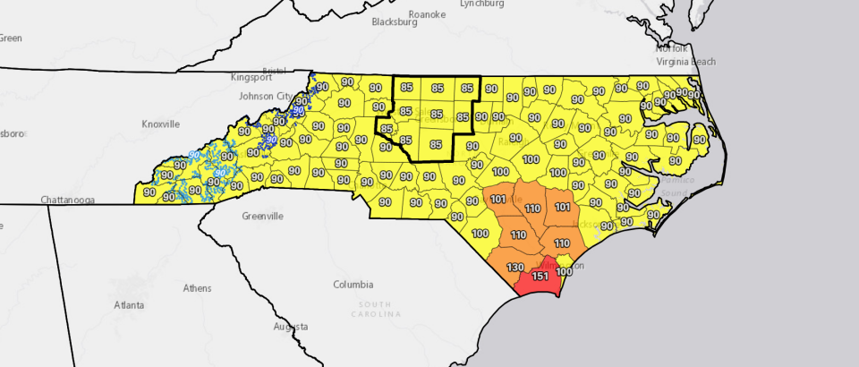 Brunswick County is under a Code Red air quality alert on Sunday, while a Code Orange alert has been issued for inland counties.