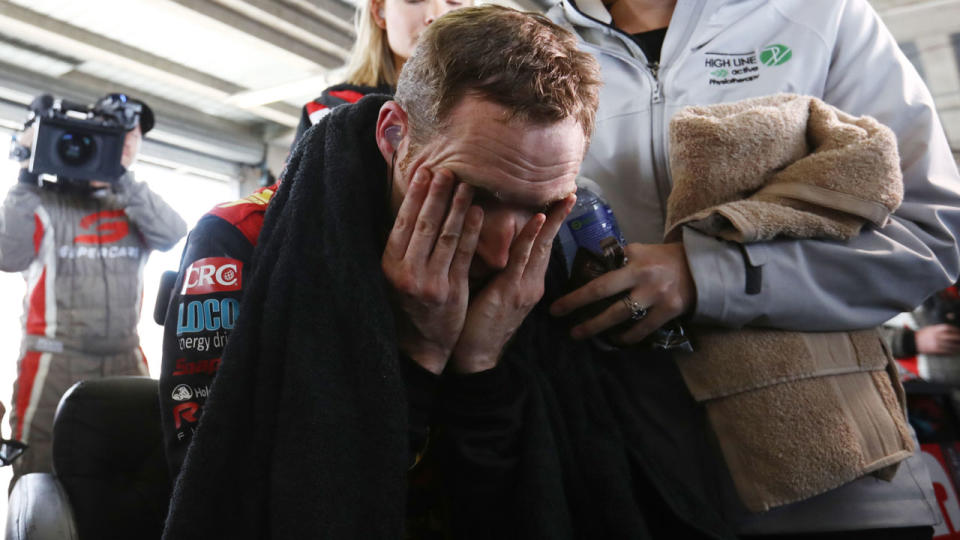 David Reynolds was left devastated in the pit garage after his body and preparation let him down during the Bathurst 1000. Pic: Getty