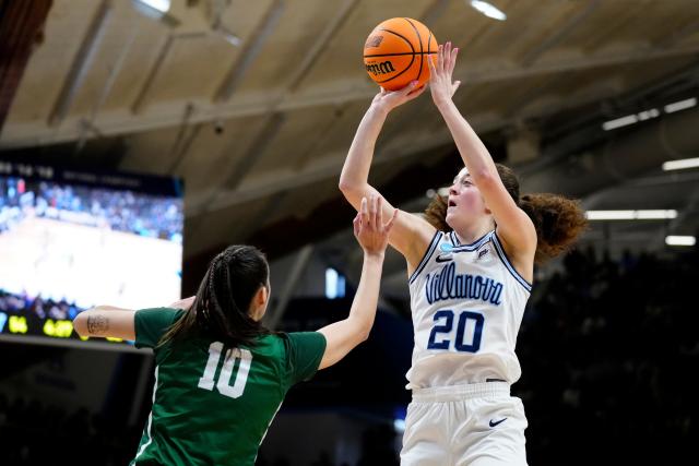 Villanova's Maddy Siegrist shoots over Cleveland State's Jordana Reisma during the second half of a first-round college basketball game in the NCAA Tournament, Saturday, March 18, 2023, in Villanova, Pa. (AP Photo/Matt Rourke)