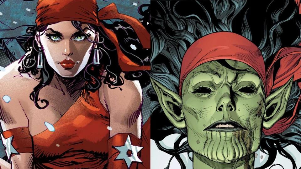 Assassin Elektra, and her dead Skrull duplicate. The Marvel character of Elektra was replaced by a Skrull. 