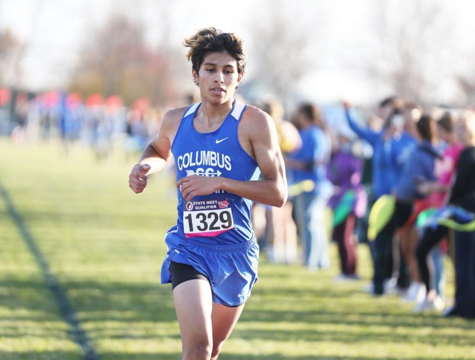 Columbus’ Damian Vergara crosses the finish line and placed sixth at the Class 1A State Qualifier in Iowa City and advances to the Class 1A State Cross Country meet.