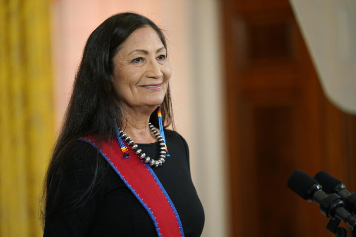 Interior Secretary Deb Haaland speaks at a reception in the East Room of the White House in Washington, Tuesday, Nov. 15, 2022, honoring Native American Heritage Month. (AP Photo/Susan Walsh)