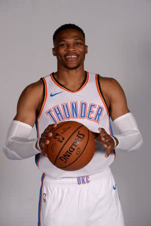 FILE PHOTO: Sep 24, 2018; Oklahoma City, OK, USA; Oklahoma City Thunder guard Russell Westbrook (0) poses for photos on media day at Chesapeake Energy Arena Mandatory Credit: Mark D. Smith-USA TODAY Sports