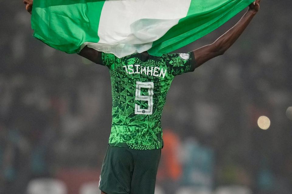 Victor Osimhen celebrates after Nigeria defeated South Africa in the African Cup of Nations semi-final  (AP)