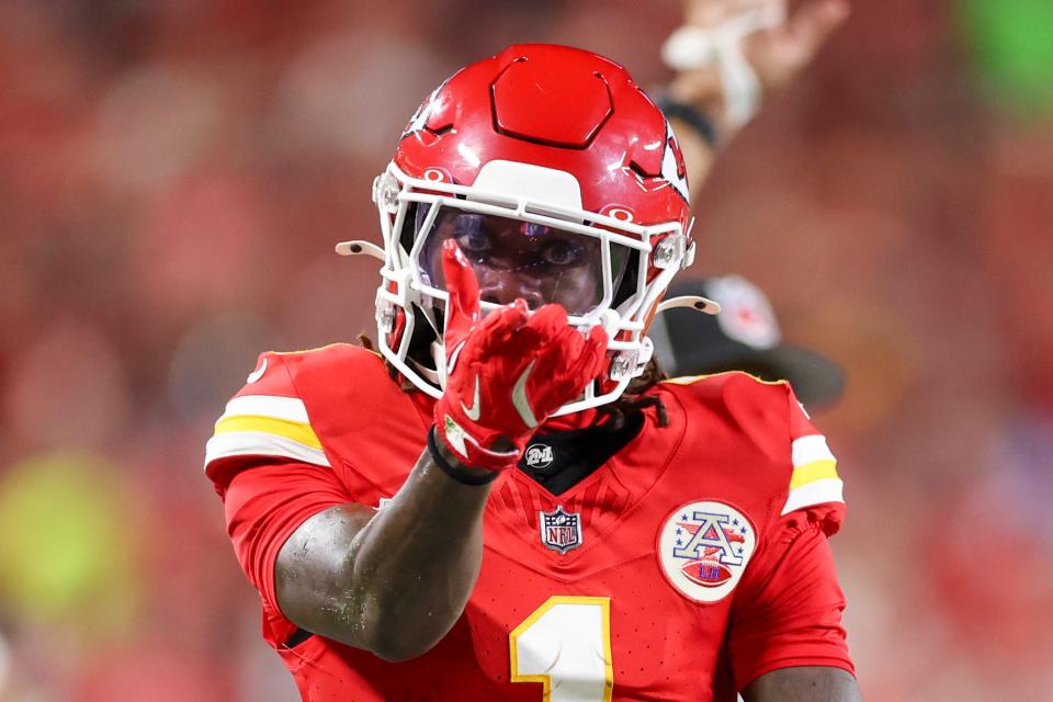 KANSAS CITY, MISSOURI - SEPTEMBER 05: Xavier Worthy #1 of the Kansas City Chiefs reacts after making a first-down reception against the Baltimore Ravens during the second quarter at GEHA Field at Arrowhead Stadium on September 05, 2024 in Kansas City, Missouri. (Photo by Christian Petersen/Getty Images) ORG XMIT: 776151325 ORIG FILE ID: 2170444116