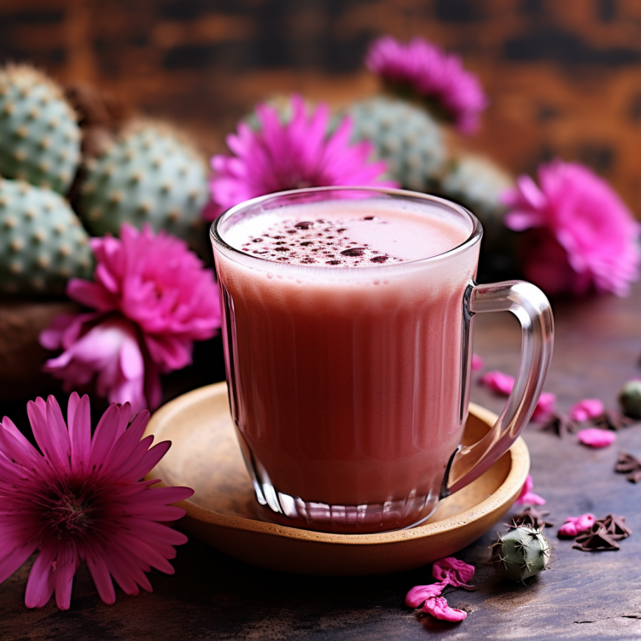 Pink drink in a cup surrounded by flowers