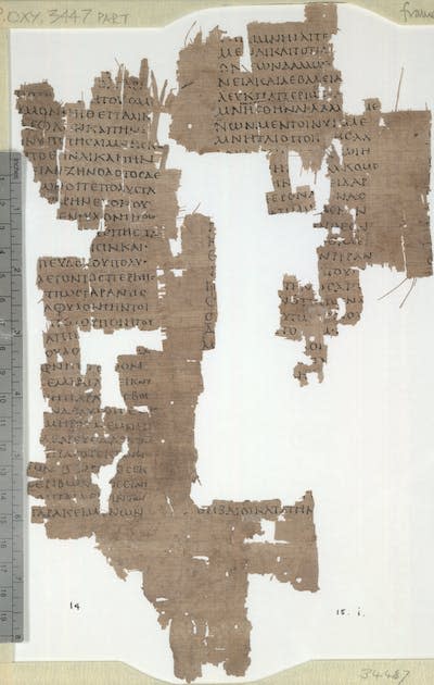 Fragmento del papiro P.Oxy.XLIX 3447. <a href="http://www.papyrology.ox.ac.uk/cgi-bin/library?e=d-000-00---0POxy--00-0-0--0prompt-10---4------0-1l--1-en-50---20-help---00031-001-1-0utfZz-8-00&a=d&c=POxy&cl=CL3.6&d=HASH01066d53a2335468f0d3860b" rel="nofollow noopener" target="_blank" data-ylk="slk:Oxyrhynchus Online;elm:context_link;itc:0;sec:content-canvas" class="link ">Oxyrhynchus Online</a>