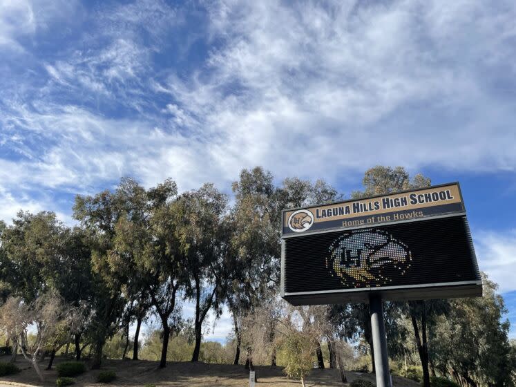 Laguna Hills, California-Jan. 21, 2022-The entrance to Laguna Hills High School in Laguna Hills. A student caused an uproar after yelling racial slurs at a Black student during a basketball game with a rival school on Jan. 21, 2022. (Gustavo Arellano / Los Angeles Times)