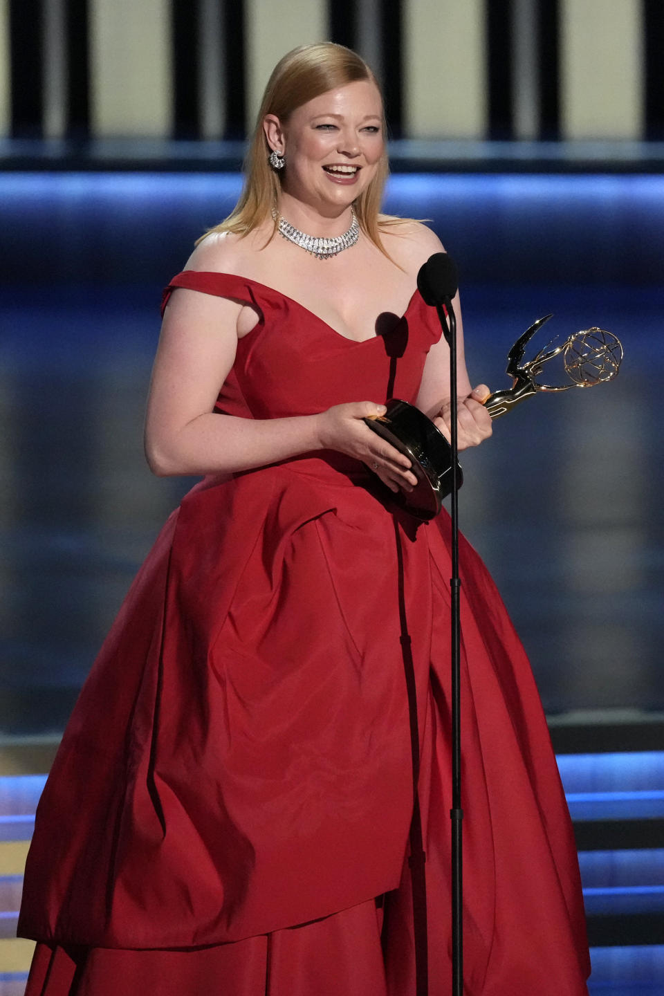 Sarah Snook accepts the award for outstanding lead actress in a drama series for "Succession" during the 75th Primetime Emmy Awards on Monday, Jan. 15, 2024, at the Peacock Theater in Los Angeles. (AP Photo/Chris Pizzello)