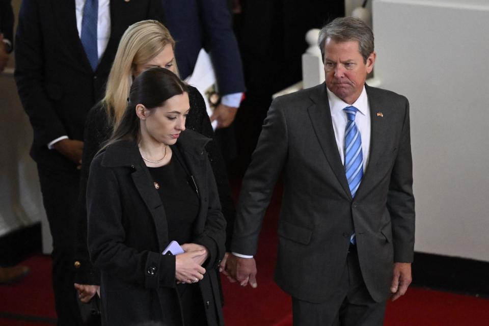 PHOTO: Georgia Governor Brian Kemp arrives at a tribute service for former U.S. First Lady Rosalynn Carter at Glenn Memorial Church in Atlanta on Nov. 28, 2023. (Andrew Caballero-Reynolds/AFP via Getty Images)