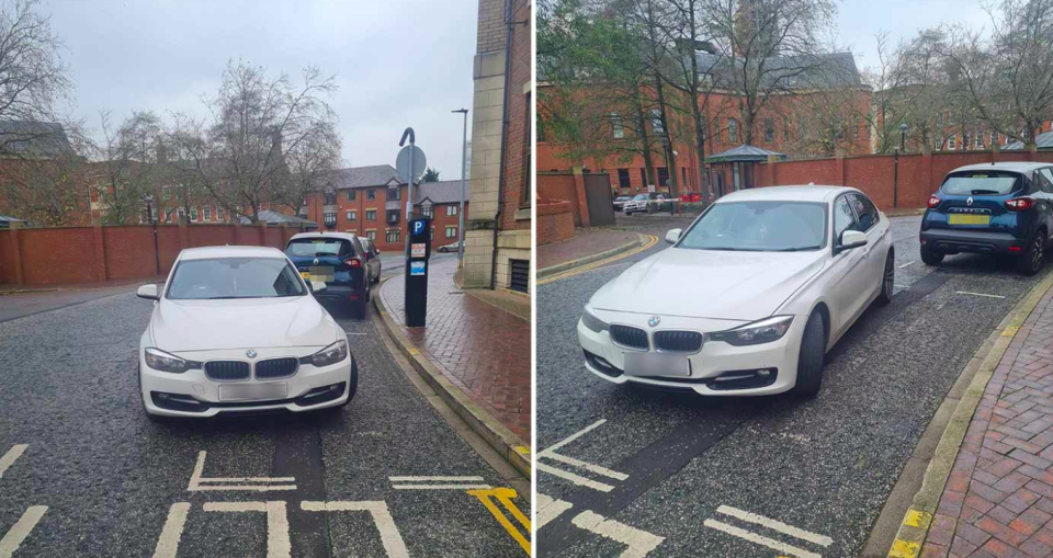 Une BMW blanche a été photographiée garée à l'extérieur d'une place de stationnement à Hull.  (Atteindre)