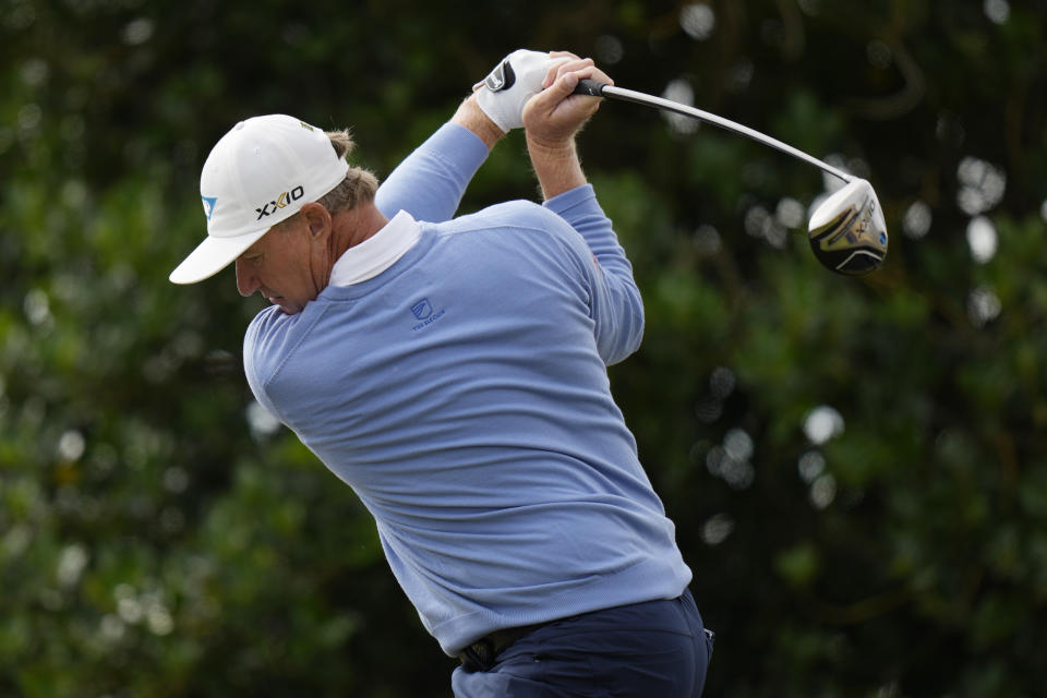 South Africa's Ernie Els plays from the 3rd tee during the first round of the British Open golf championship on the Old Course at St. Andrews, Scotland, Thursday, July 14 2022. The Open Championship returns to the home of golf on July 14-17, 2022, to celebrate the 150th edition of the sport's oldest championship, which dates to 1860 and was first played at St. Andrews in 1873. (AP Photo/Alastair Grant)